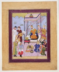 Khamsa de Nizami en un pabellón entre seguidores y asistentes, c.1590